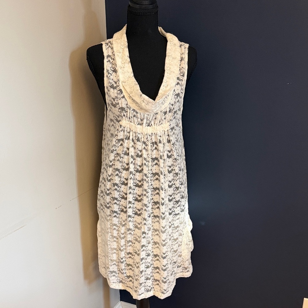 Si Si USA Ivory Lace Tunic Dress Cowl Neck Sleeveless L Boho excellent condition